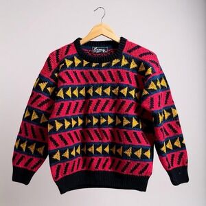 Lumy Hand Knit Peru 100% Wool Pullover LS Sz L Sweater Colorful Aztec Handcraft